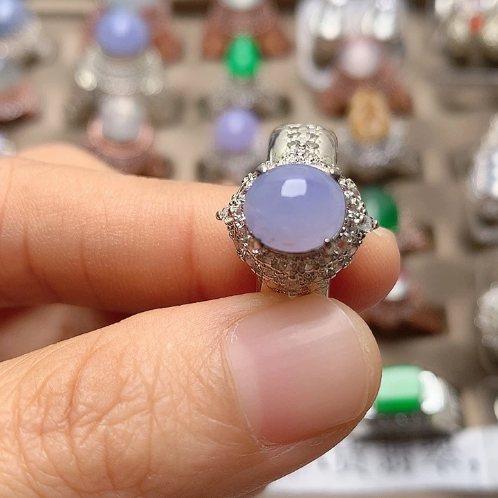 翡翠合金戒指翡翠糯冰粉紫戒面