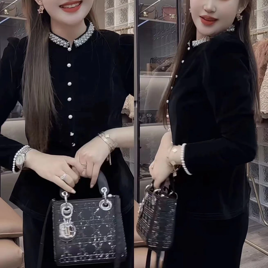 丝绒上衣新款时尚高级重工钉珠法式洋气百搭外套1151