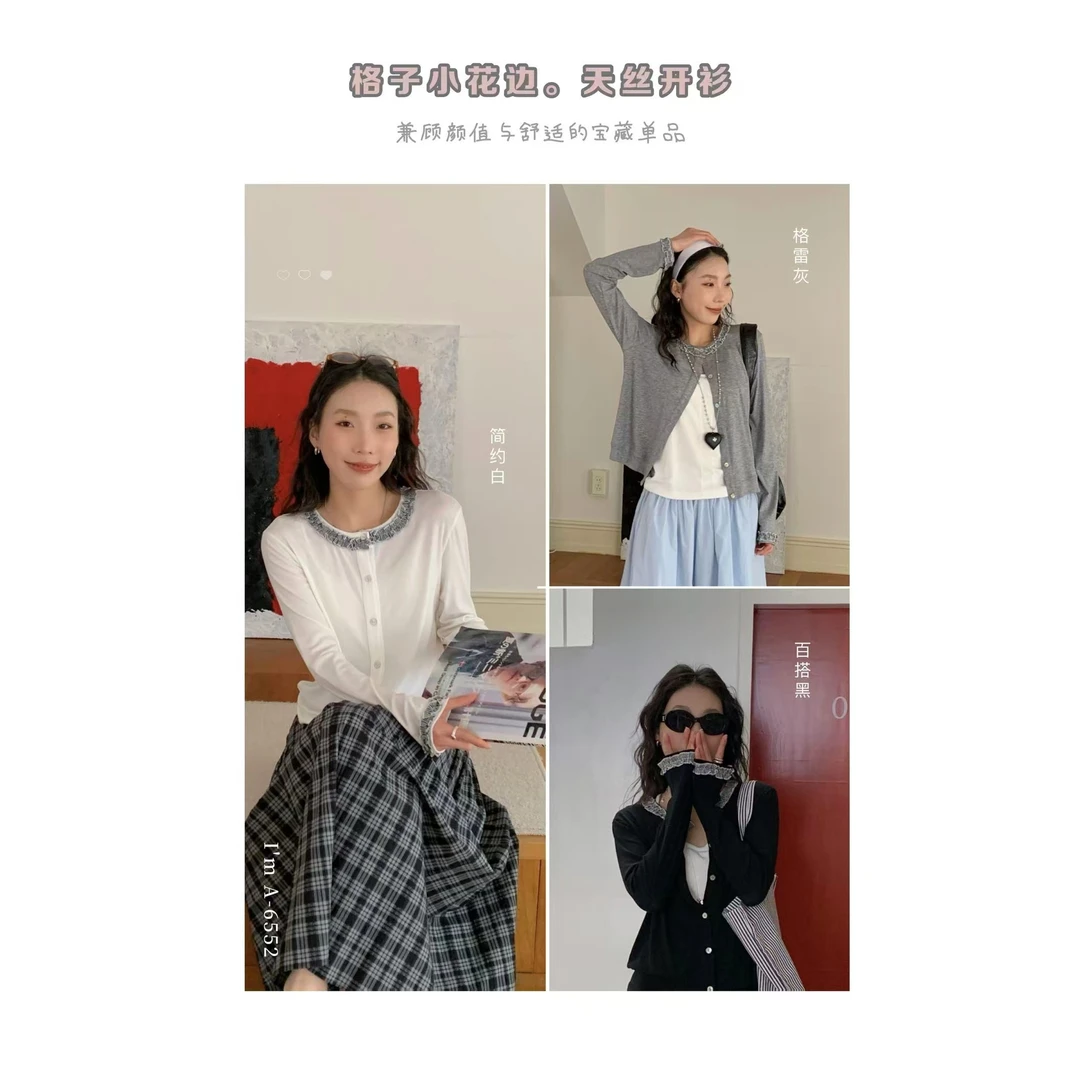 【福利】MOMI-格子小花边开衫#A-6552