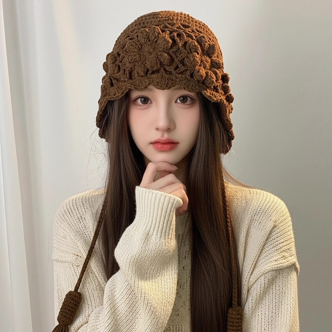 手工钩织花朵流苏毛线帽女秋冬川西旅游百搭时尚显脸小针织包头帽