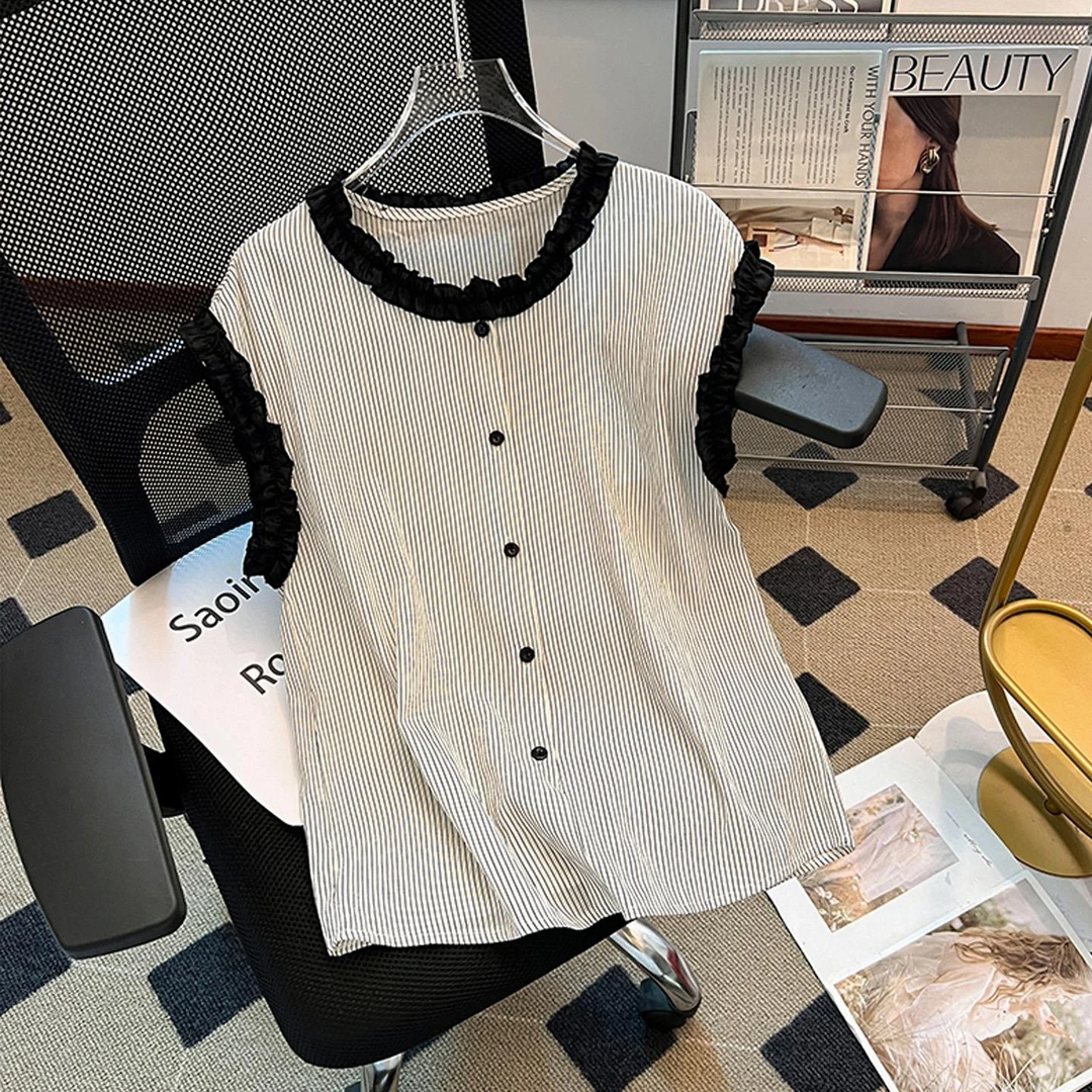 单排扣短袖圆领条纹衬衫女夏季新款欧货宽松显瘦上衣气质百搭衬衣