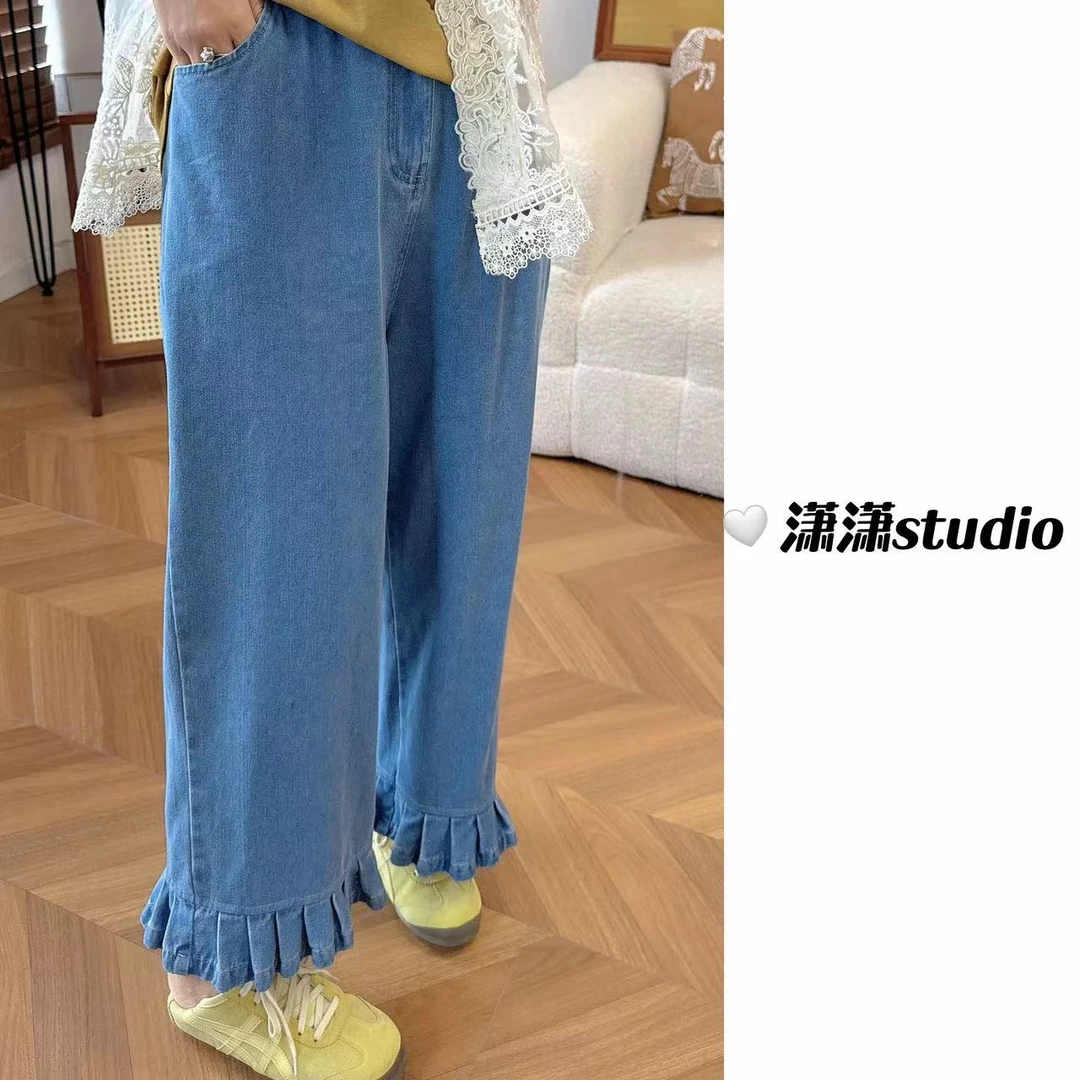 【木耳边牛仔裤】潇潇自制半松紧腰显瘦百搭韩版直筒牛仔裤XW0087