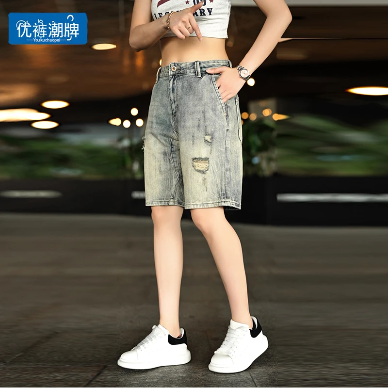 破洞牛仔短裤男潮牌宽松大码直筒五分裤潮流休闲马裤夏季薄款中裤