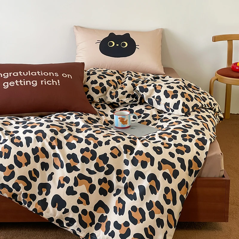 ins时尚简约美拉德豹纹数码枕套混搭全棉四件套纯棉床单三件套