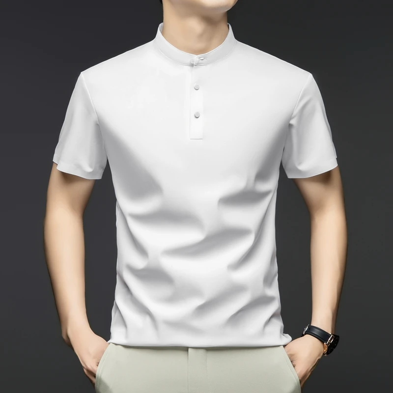 夏季男士半袖立领锦氨无痕白色单穿冰爽舒服中青年时尚上衣T恤