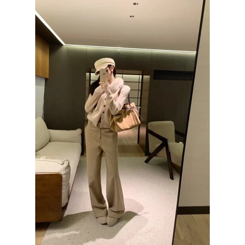 老钱风高级感洋气时尚毛领针织外套秋冬高腰气质百搭阔腿长裤套装