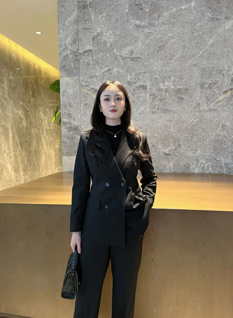 黑色秋冬款双排扣职业女士通勤西装修身显瘦直筒裤西装套装