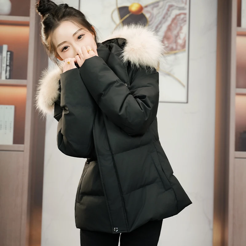 羽绒服冬季新款收腰90白鸭绒短款女修身可拆卸大毛领连帽保暖外套