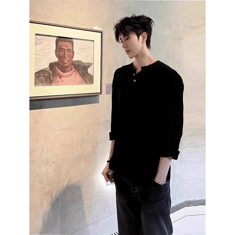 美式黑色亨利领长袖t恤男秋季华夫格无帽卫衣痞帅内搭打底衫上衣