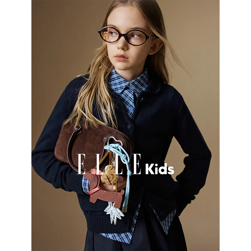 ELLE KIDS 娃娃领针织开衫女儿童秋季新款蘑菇扣绣花长袖毛衣Q5