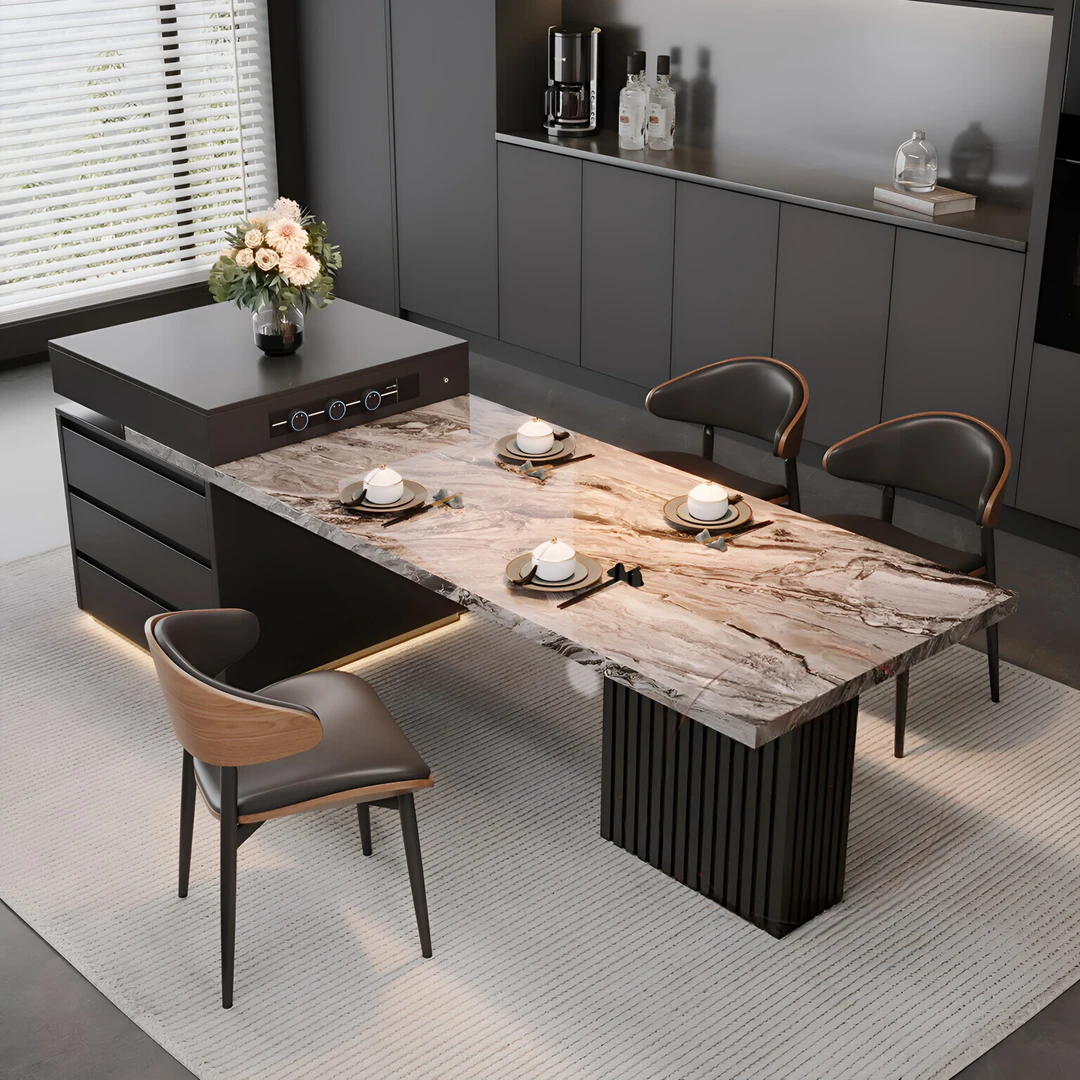 岩板岛台高档餐桌一体家用可伸缩意式极简高端大别墅多功能岛台桌