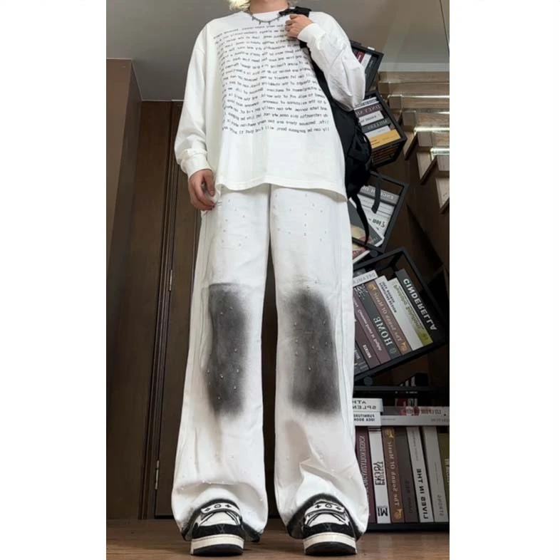 美式高街个性晕染白色牛仔裤男女复古宽松直筒休闲潮牌脏脏裤子