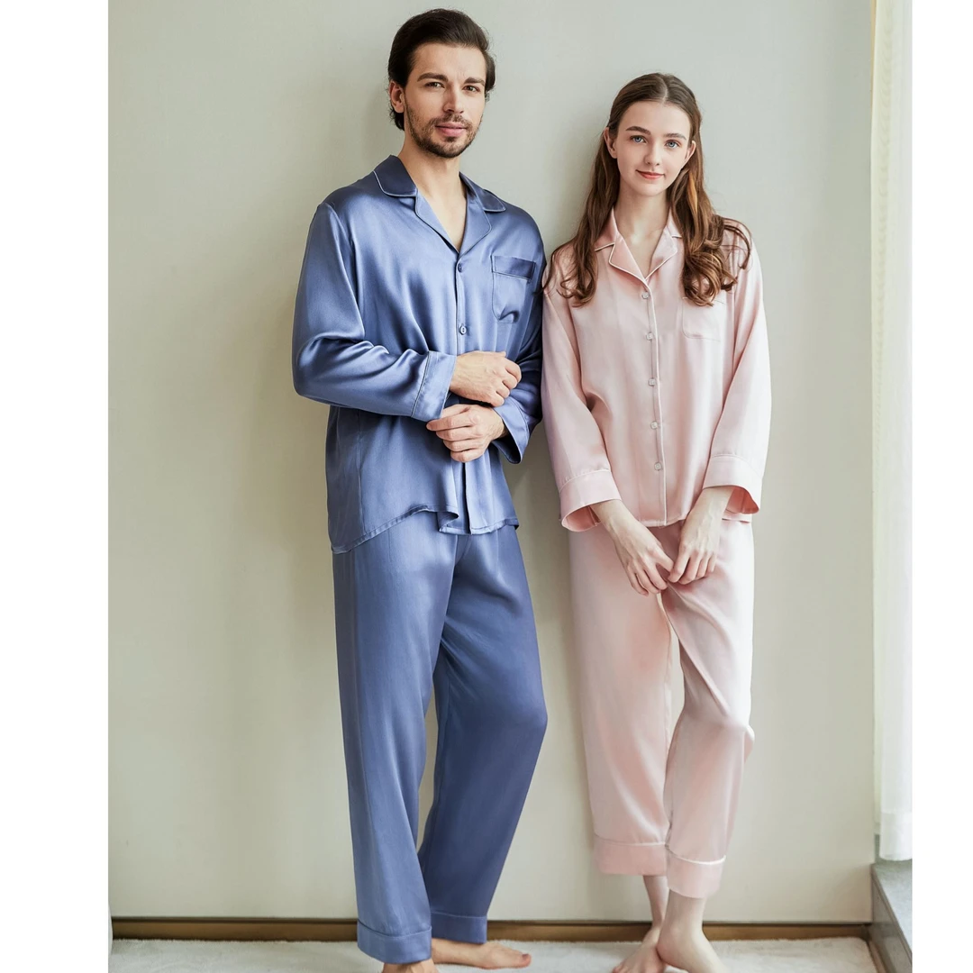 19姆米重磅真丝男女情侣款轻奢长袖长裤套装100%桑蚕丝丝绸家居服