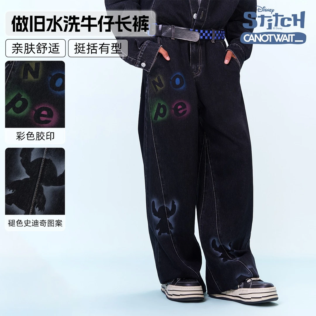 陈伟霆牛仔裤CANOTWAIT_迪士尼联名史迪奇系列做旧牛仔长裤亲肤