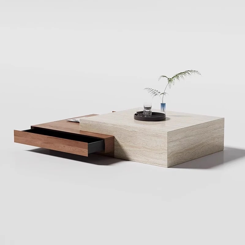 洞石纹岩板茶几极简客厅伸缩中古风高端茶几2025新款胡桃木茶几桌