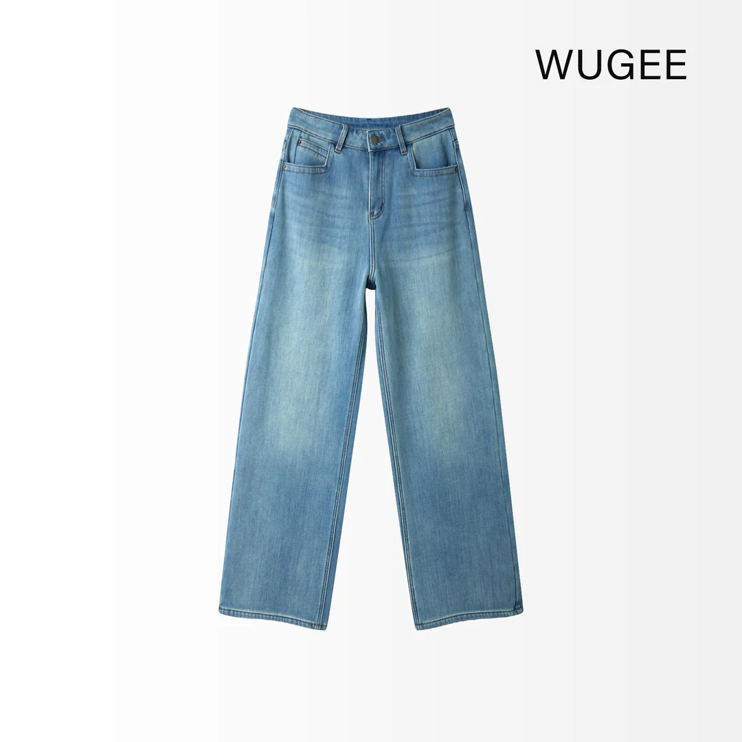 【WUGEE】加绒时尚高腰直筒休闲百搭潮流水洗牛仔裤