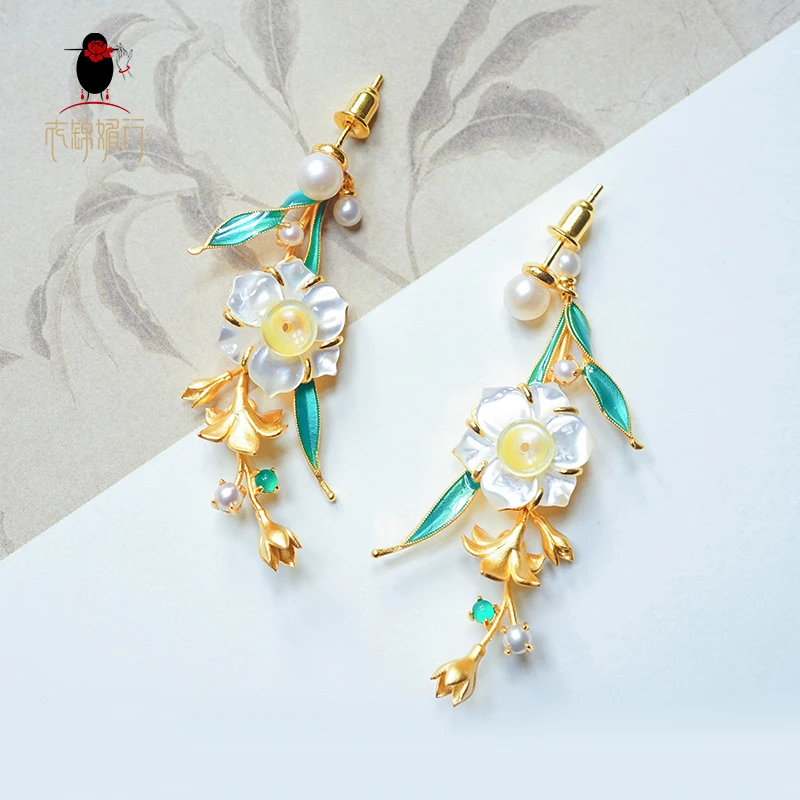 衣锦媚行 925银镀金镶嵌春日宴花朵珍珠耳钉