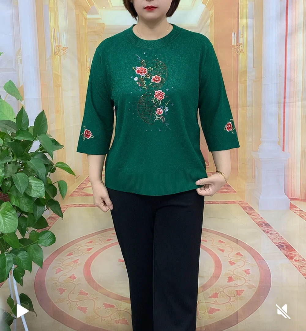 春夏女装圆领短款碎花常规中老年女装夏季中袖针织衫