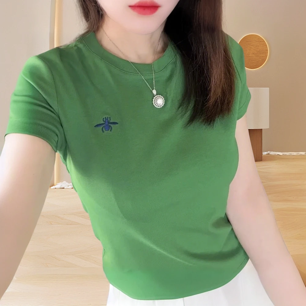 刺绣上衣女ins潮韩版时髦正肩女t恤短袖纯棉内搭显瘦修身小衫