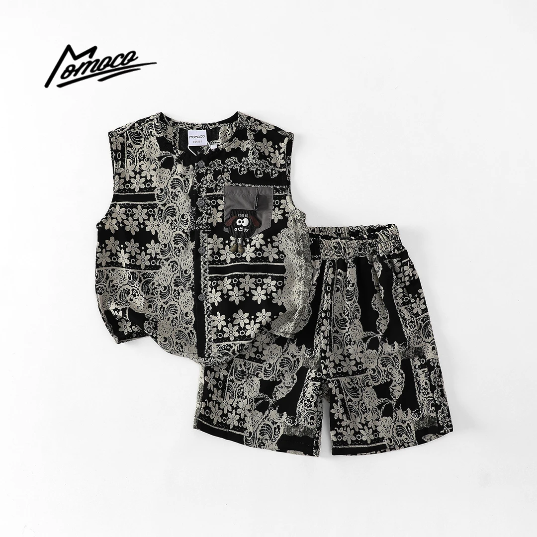 MOMOCO男童夏季韩系复古风黑白花卉立体公仔无袖两件77230578500