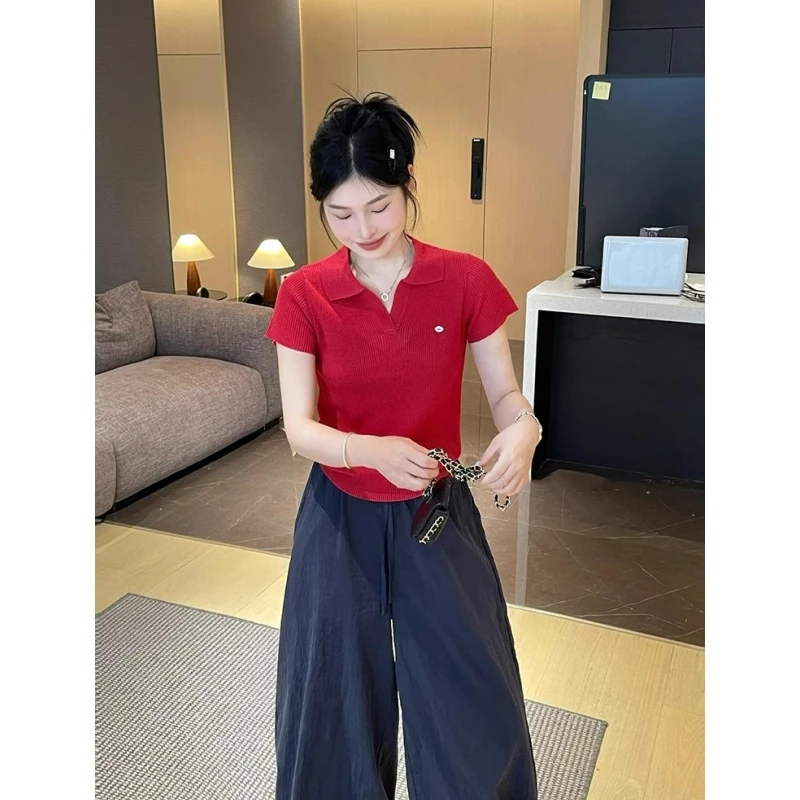 韩系红色polo领针织翻领上衣女小个子减龄夏季薄款冰丝短袖t恤衫