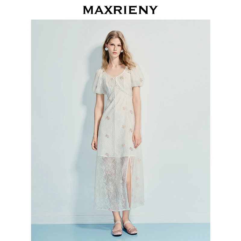 【蜜思仝】MAXRIENY25年夏季浪漫仙子蕾丝网纱订婚连衣裙法式长款