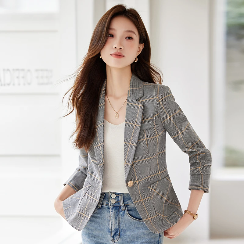 格子西装外套女2025春秋新款高级感休闲小个子短款小西服春季上衣