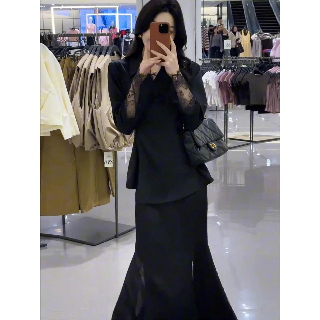 春夏搭配一整套大码胖mm黑色蕾丝上衣鱼尾半身裙气质赫本风套装女