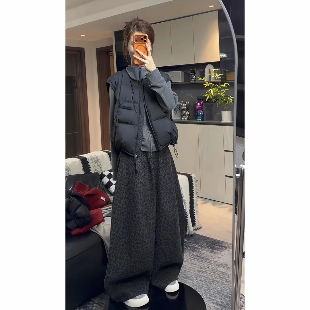 冬季一整套女装2025新款韩版短款马甲拉链立领外套豹纹阔腿裤套装