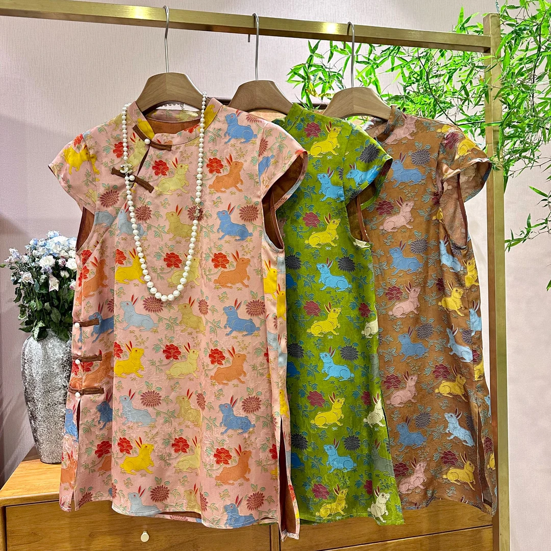 《深圳佐漫》Q兔兔花影  新中式斜门襟盘扣舒适顺古色改良旗袍裙