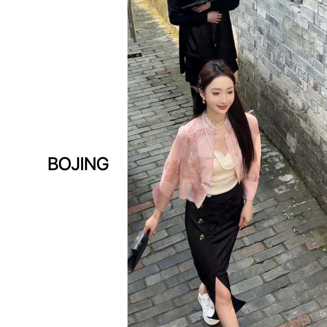 现货【花开吉祥】新中式暮云纱刺绣烫钻显瘦长袖气质百搭防晒外套