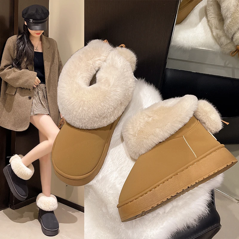 时尚雪地靴女款外穿新款翻毛领女式厚底加绒加厚防滑蝴蝶结毛毛鞋