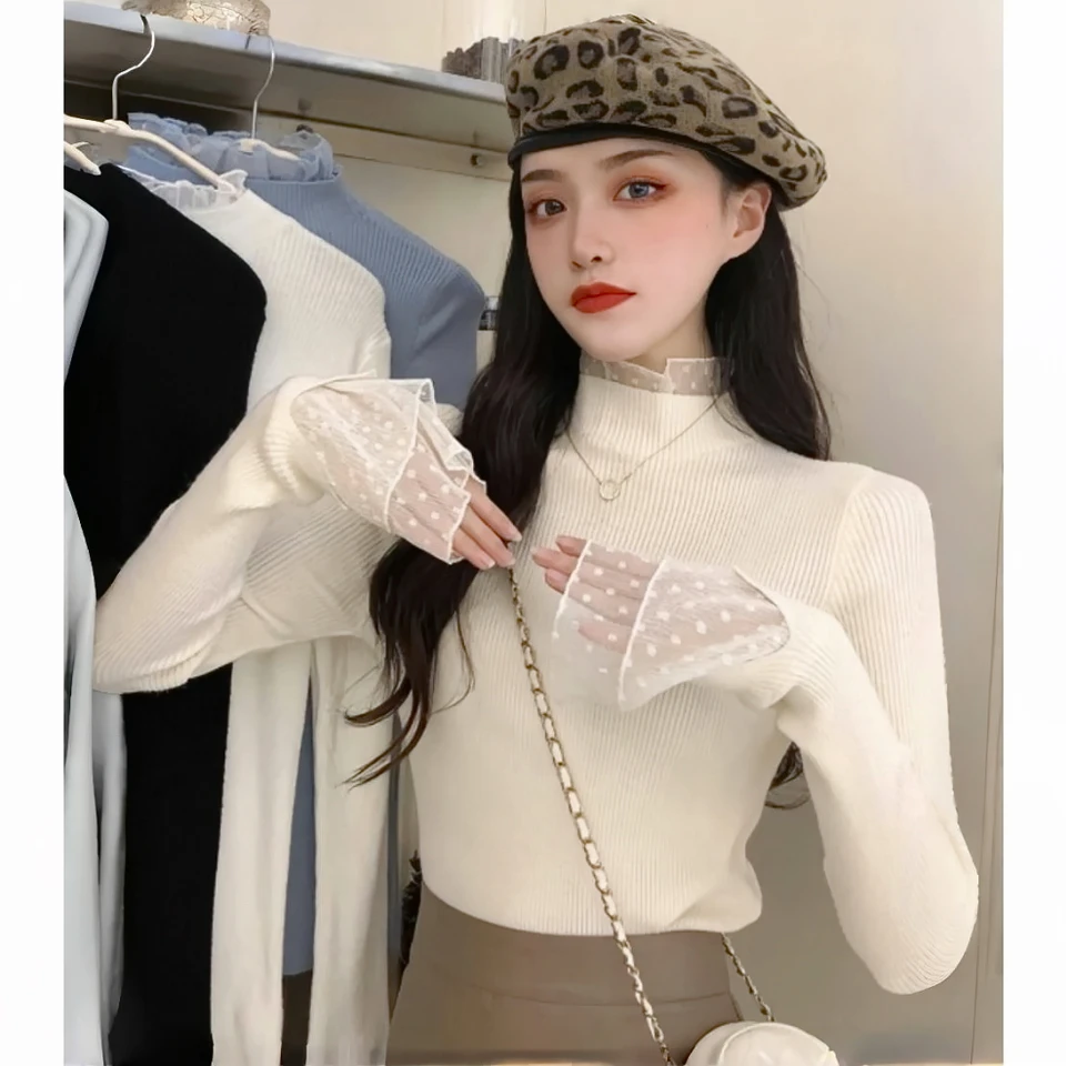 加厚半高领设计感网纱拼接花边打底衫假两件修身针织衫秋冬款毛衣