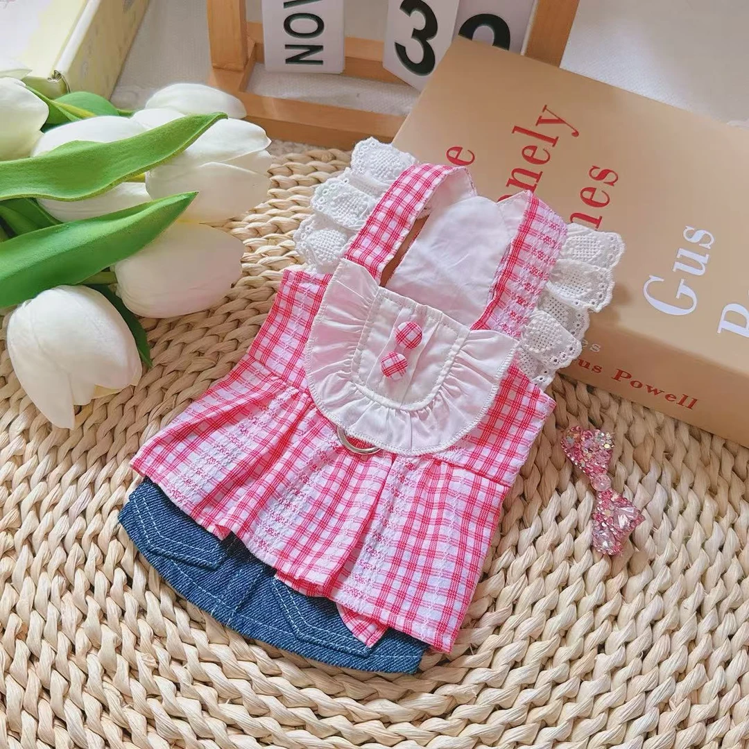 新款宠物服飞袖格子牛仔假两件连衣裙