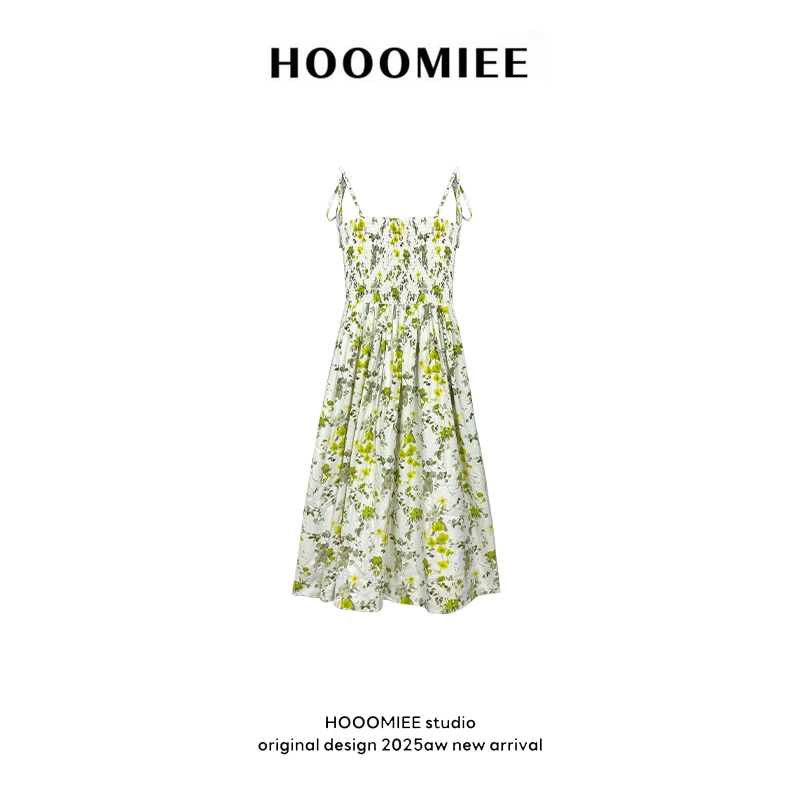 Hooomiee清新绿碎花卉吊带修身收腰女士连衣裙253812