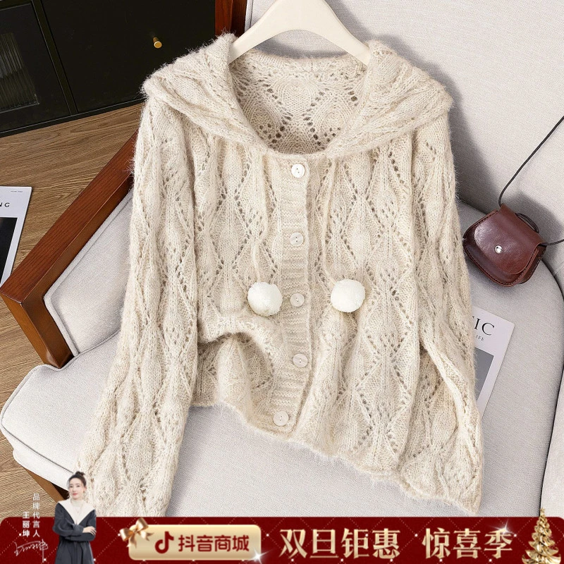 丝柏舍2025绵羊毛秋新女时尚镂空立体装饰单排扣针织衫S53U0052Z