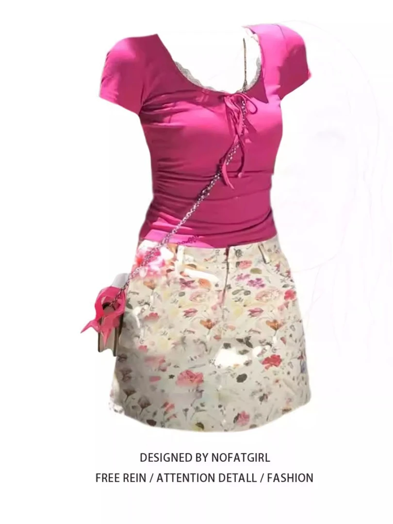 大码胖mm纯欲辣妹风蕾丝拼接短袖上衣女夏季碎花半身裙两件套套装