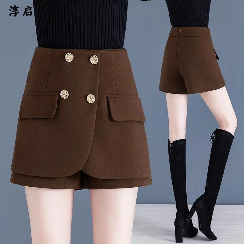 淳启时尚休闲格子短裤裙女秋季新款宽松显瘦百搭阔腿裤呢子靴裙裤