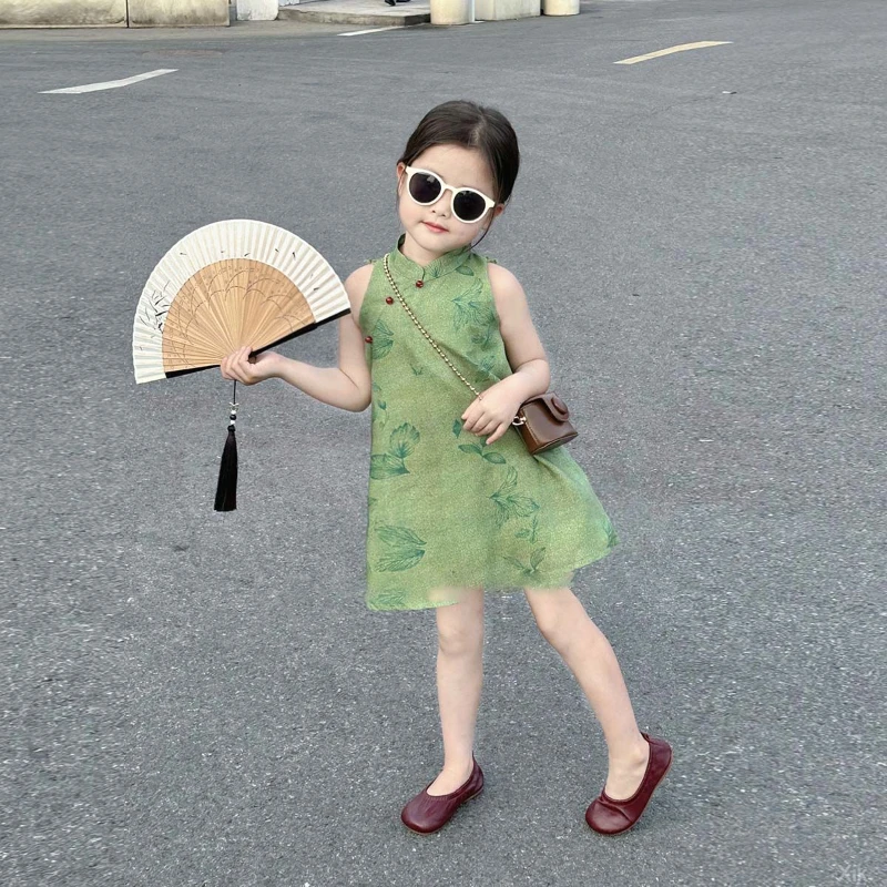 女童夏季旗袍连衣裙国风女童旗袍连衣裙童装夏季女童复古显白绿色