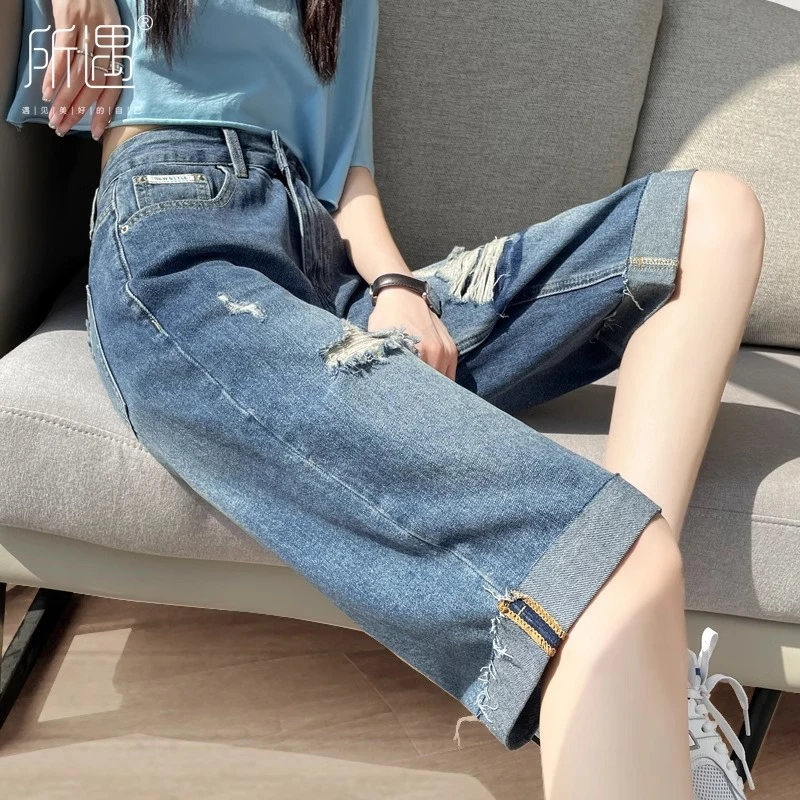 破洞牛仔五分短裤女2025夏季新款高腰卷边复古宽松直筒阔腿中裤子