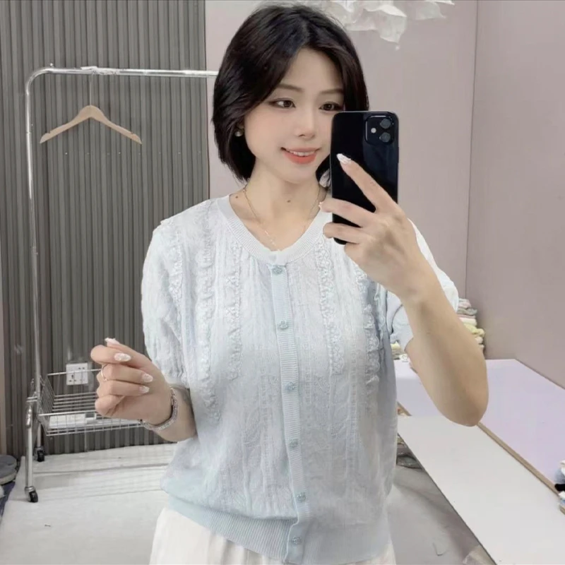 时尚花边设计感圆领针织上衣女2025夏季新款休闲宽松百搭短袖T恤