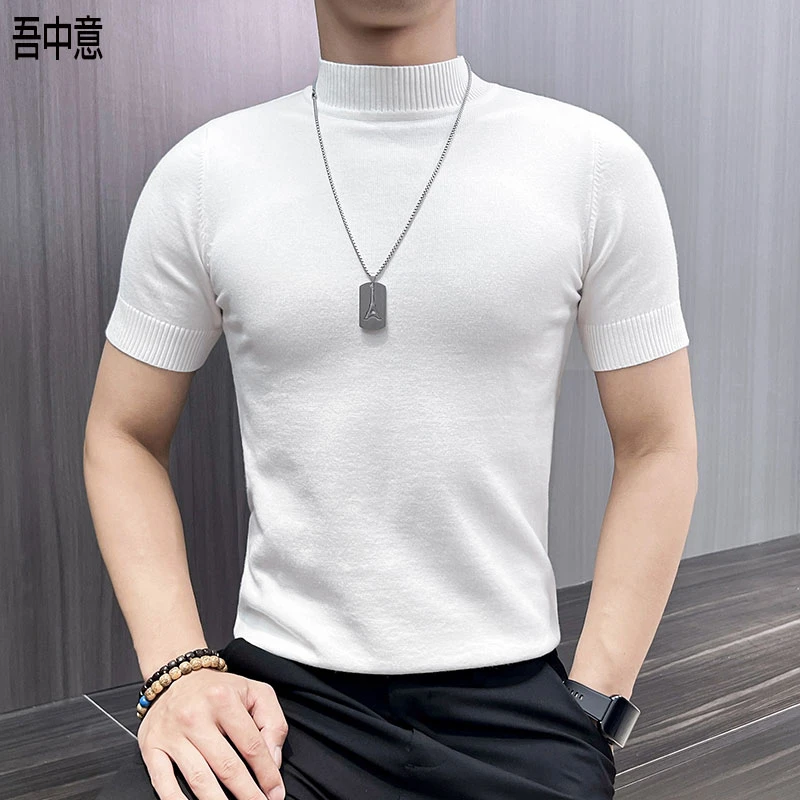 半高领针织t恤男短袖弹力修身打底衫男款爆款2025新款高级感体恤