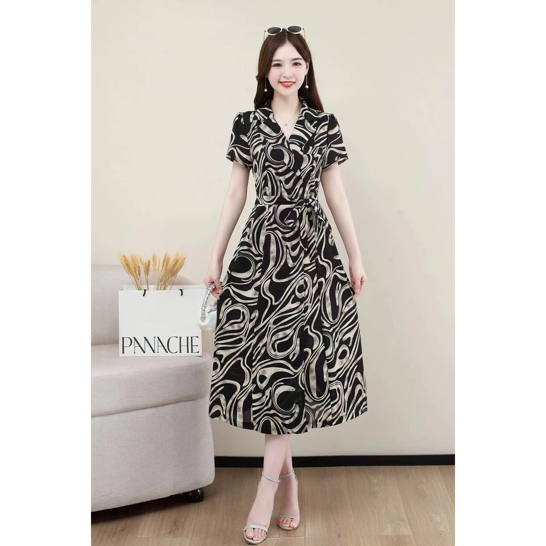 2508荷叶裙西服领POLO领时尚中老年女装大码洋气印花江南风气质