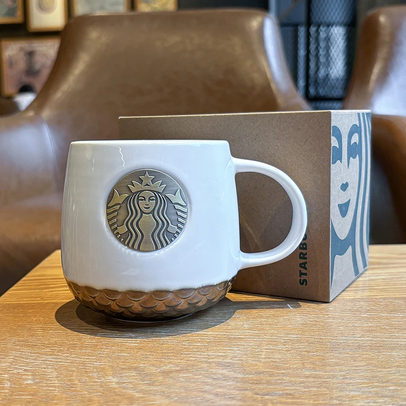 星巴克杯子白色鱼鳞人鱼铜章马克杯高颜值高级感陶瓷咖啡水杯礼盒