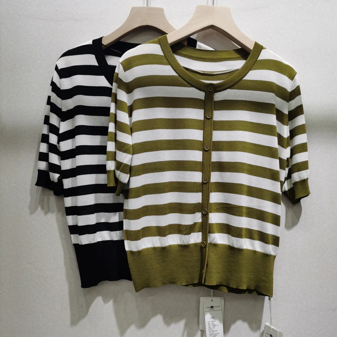 圆领开衫款休闲毛衫毛针织衫短袖夏季常规条纹绿色