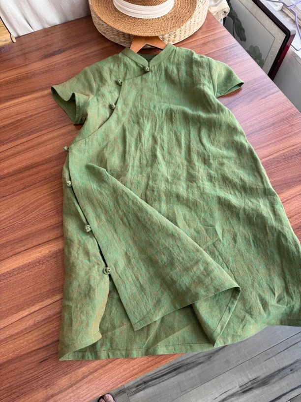 色织纯亚麻女夏季中式旗袍连衣裙女装长裙国风裙子新中式C350