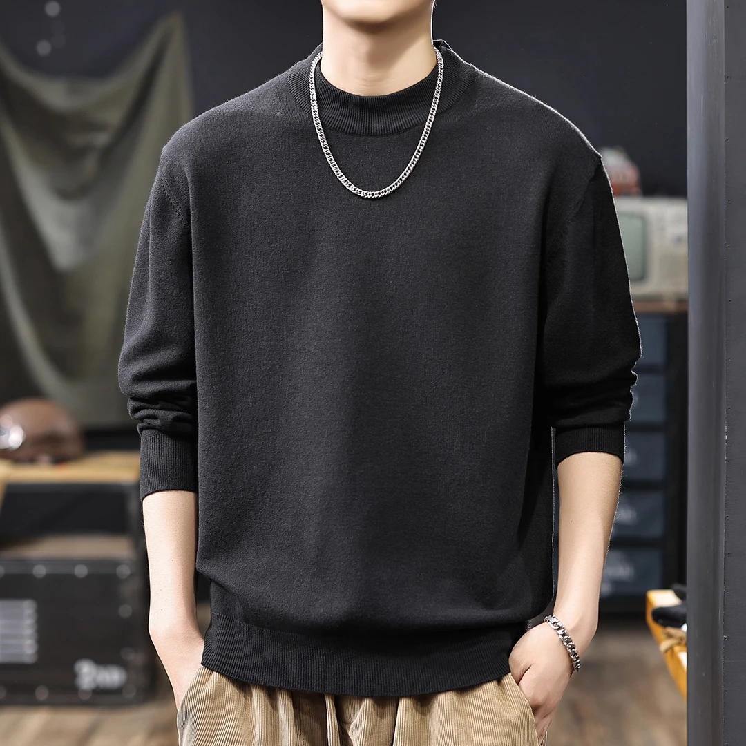 舒适亲肤棉羊毛圆领毛衣男士秋冬纯色简约百搭针织保暖内搭毛线衣