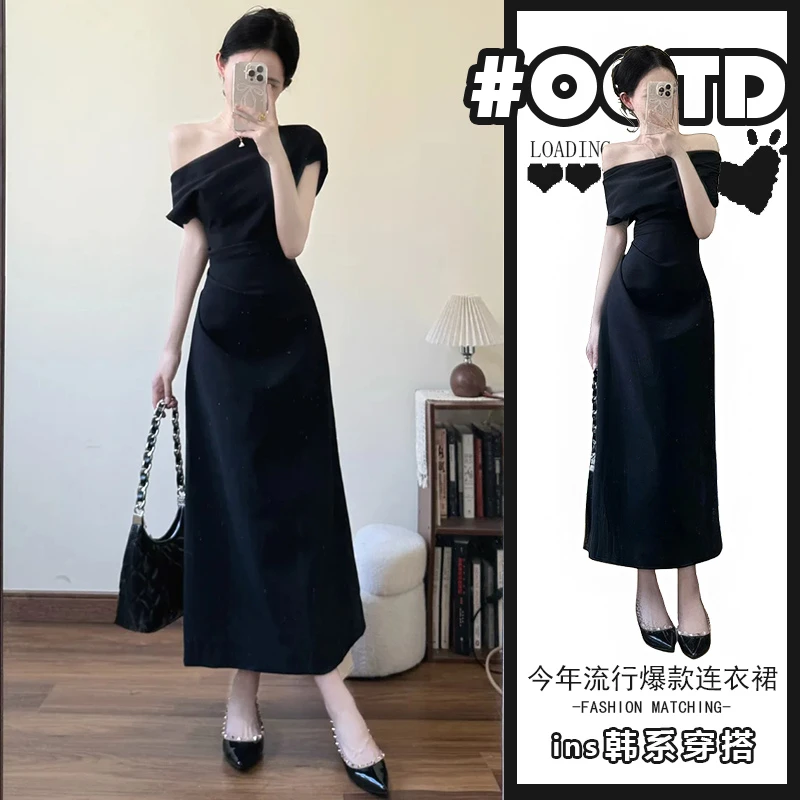 2025夏季高级感御姐风连衣裙女赫本风黑色一字肩露肩收腰中长裙潮