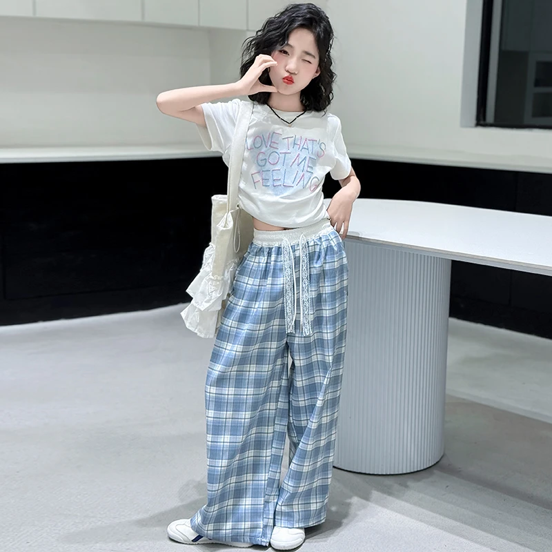 女童夏季韩版夏装2025新款儿童薄款格子裤套装中大童女孩洋气衣服
