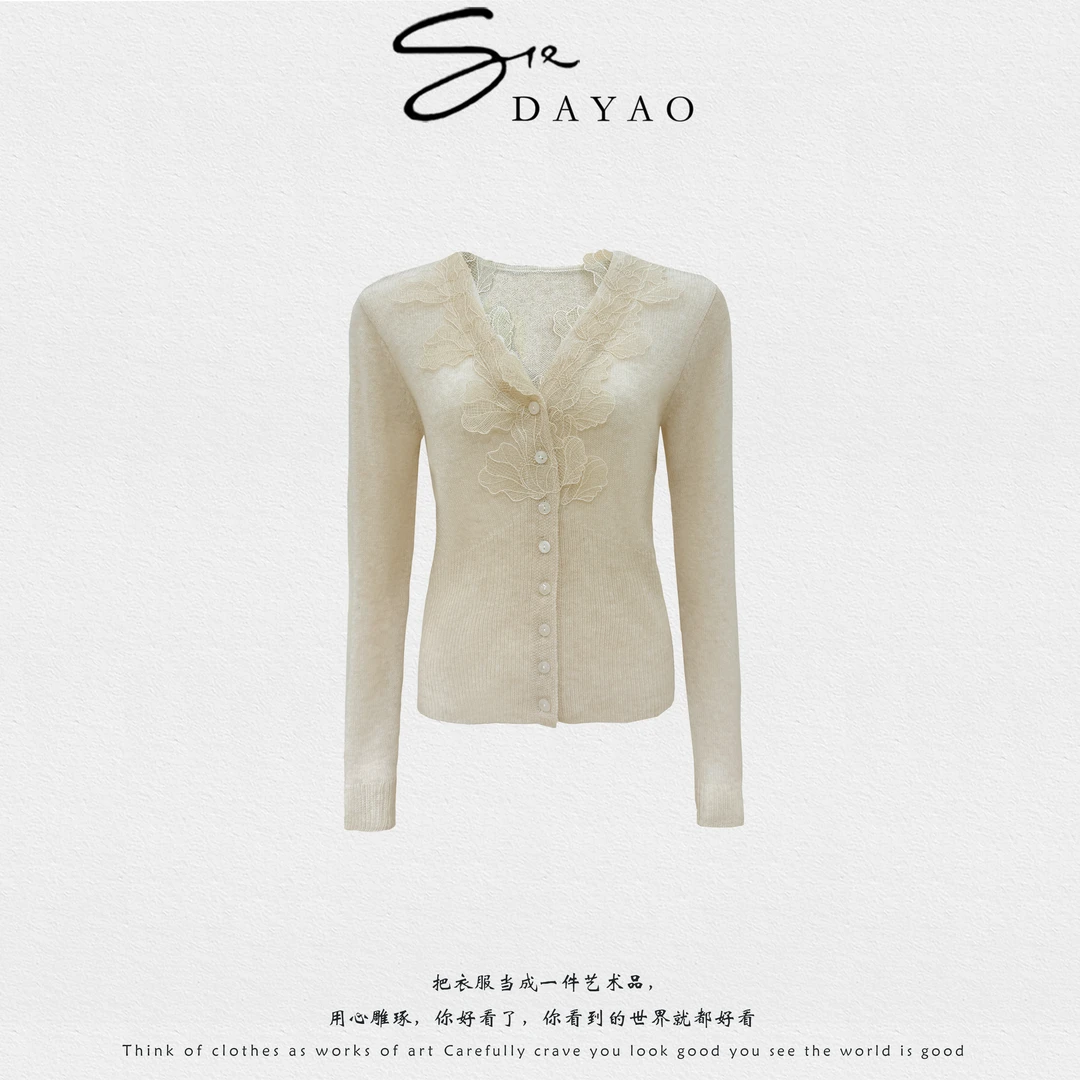 「DAYAO」25s修身设计师拼接女手工刺绣毛针织衫上衣长袖WYA258163